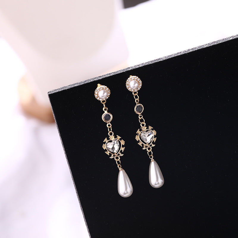 Pearl Heart-Shaped Earrings Valentines's Day Gift Rhinestone Long Earrings