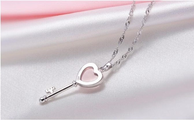 .925 Sterling Silver Love Heart Key Opal Gem Stone Pendant Necklace Gift Jewelry Gift for Women Girls S925