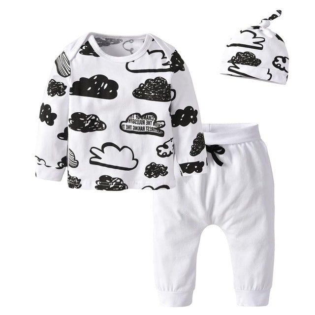 3 Pcs Baby Boy Baby Girl Clothes Set White Cloud Cotton Infant Toddler Clothes for Babies 3M, 6M, 12M, 18M, 24M, 2YO