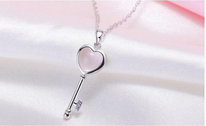 .925 Sterling Silver Love Heart Key Opal Gem Stone Pendant Necklace Gift Jewelry Gift for Women Girls S925