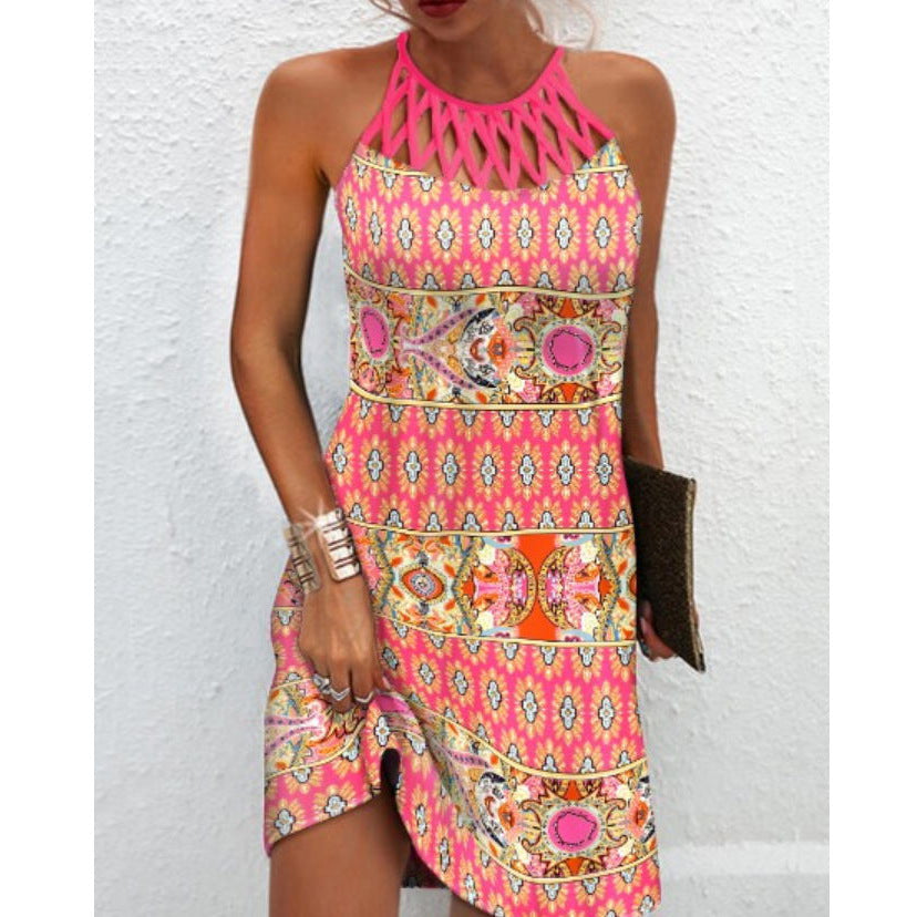 Fashion Print Dress Casual Halter Neck Dresses For Women Summer Clothes Fall Autumn Spring Dress