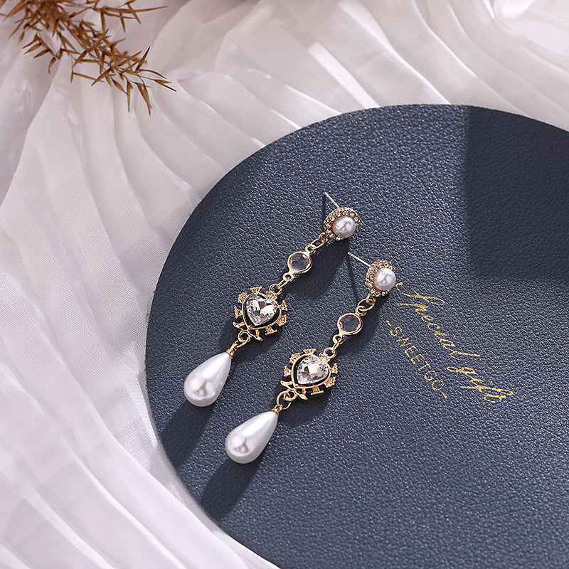 Pearl Heart-Shaped Earrings Valentines's Day Gift Rhinestone Long Earrings