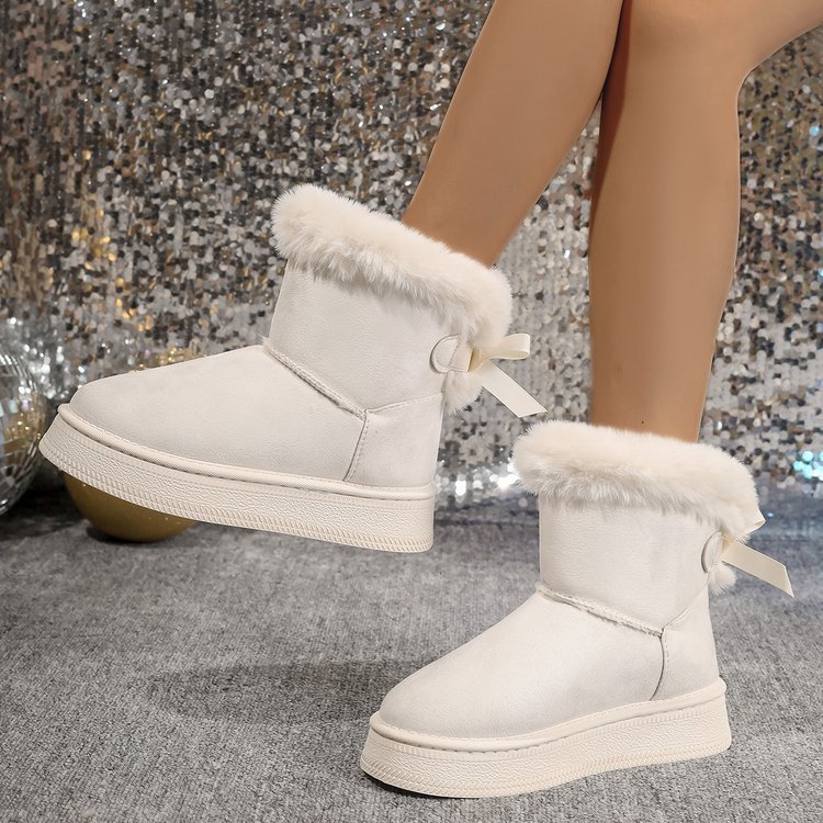 Women’s Winter Plush Snow Boots With Bowknot Fashion Round Toe Flat Thickened Suede Cotton Shoes For Women and Girls Casual Warm Plush Short Boot