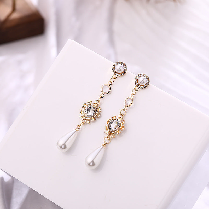 Pearl Heart-Shaped Earrings Valentines's Day Gift Rhinestone Long Earrings