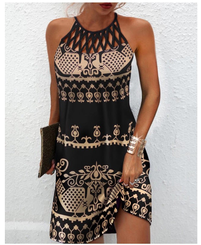 Fashion Print Dress Casual Halter Neck Dresses For Women Summer Clothes Fall Autumn Spring Dress