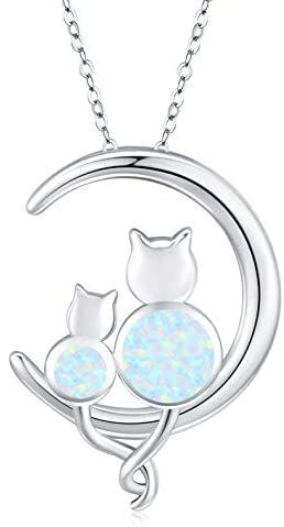 .925 Sterling Silver Women's Crescent Moon Opal Cat Pendant Necklace Gift Women’s Necklace Jewelry