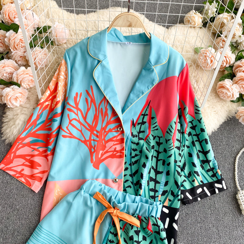 Women's Design Color Blocking Print Vacation Two-piece Set