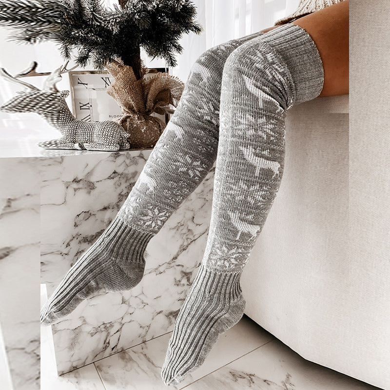 Winter Warm Knitted Women's Socks Women's Winter Stockings Beautiful Elk Snowflake Jacquard Over-the-Knee Casual Long Socks Gift