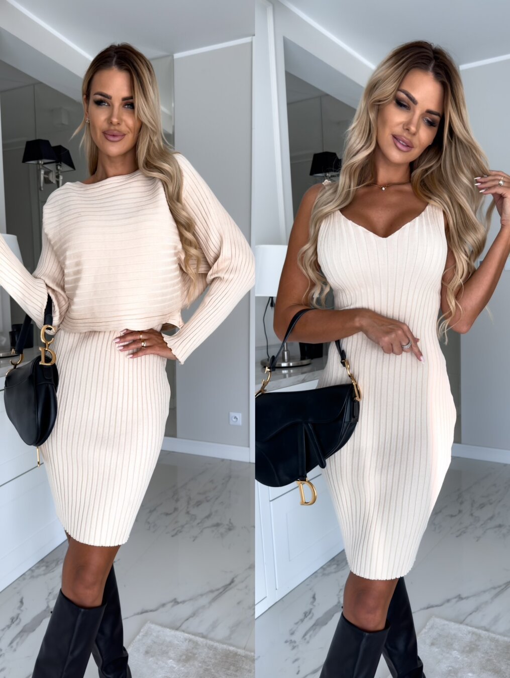 Women’s 2 Piece Suit Women's Solid Stripe Long-sleeved Top And Tight Suspender Skirt Fashion Autumn Winter Slim Clothing