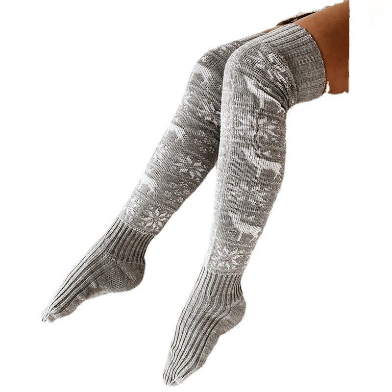 Winter Warm Knitted Women's Socks Women's Winter Stockings Beautiful Elk Snowflake Jacquard Over-the-Knee Casual Long Socks Gift