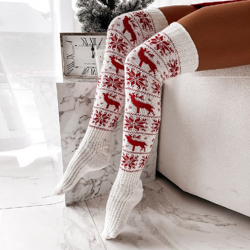 Winter Warm Knitted Women's Socks Women's Winter Stockings Beautiful Elk Snowflake Jacquard Over-the-Knee Casual Long Socks Gift