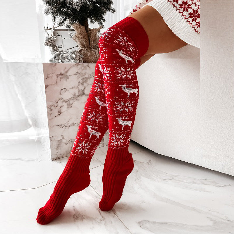 Winter Warm Knitted Women's Socks Women's Winter Stockings Beautiful Elk Snowflake Jacquard Over-the-Knee Casual Long Socks Gift
