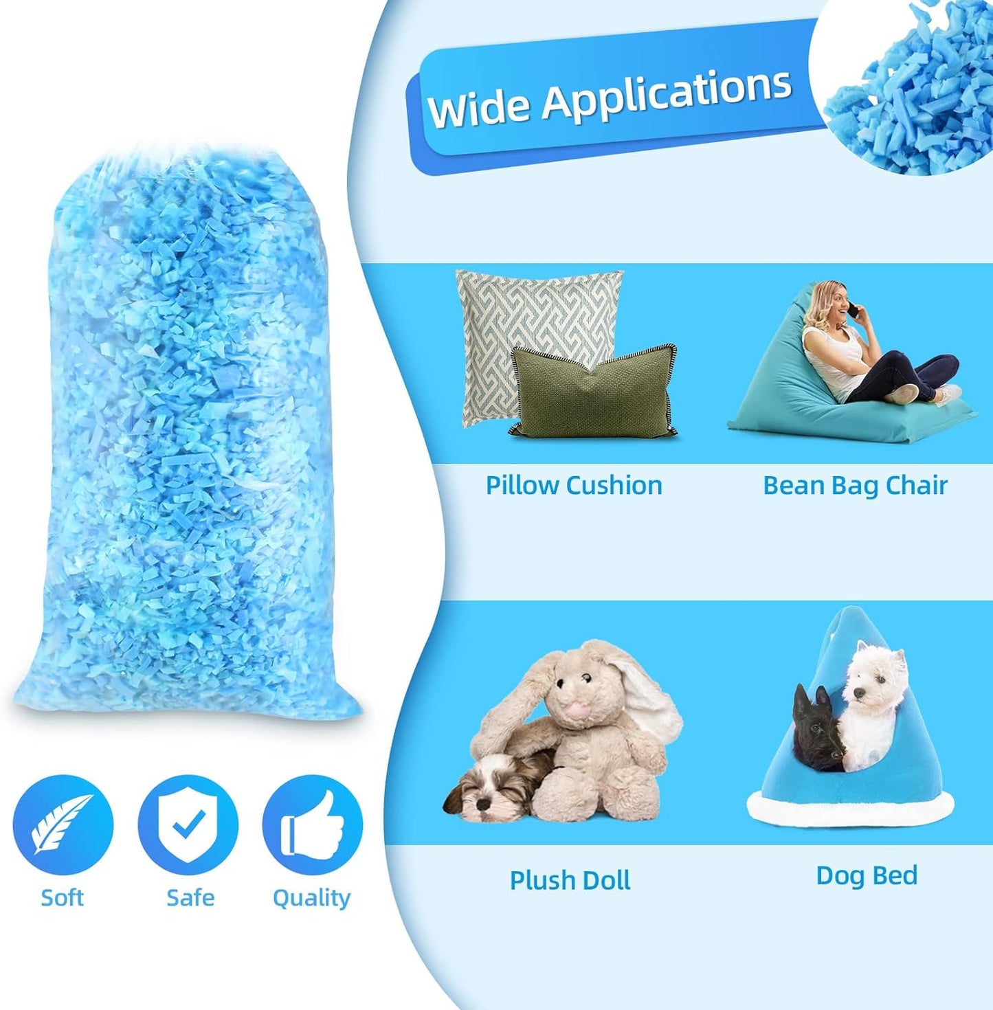 5 lbs 2.27 kg Bean Bags Filler 5 pounds Shredded Memory Foam Filling For Bean Bag Chairs, Lazy Sofas, Dog Beds, Cushions Pillows, Added Gel Particles
