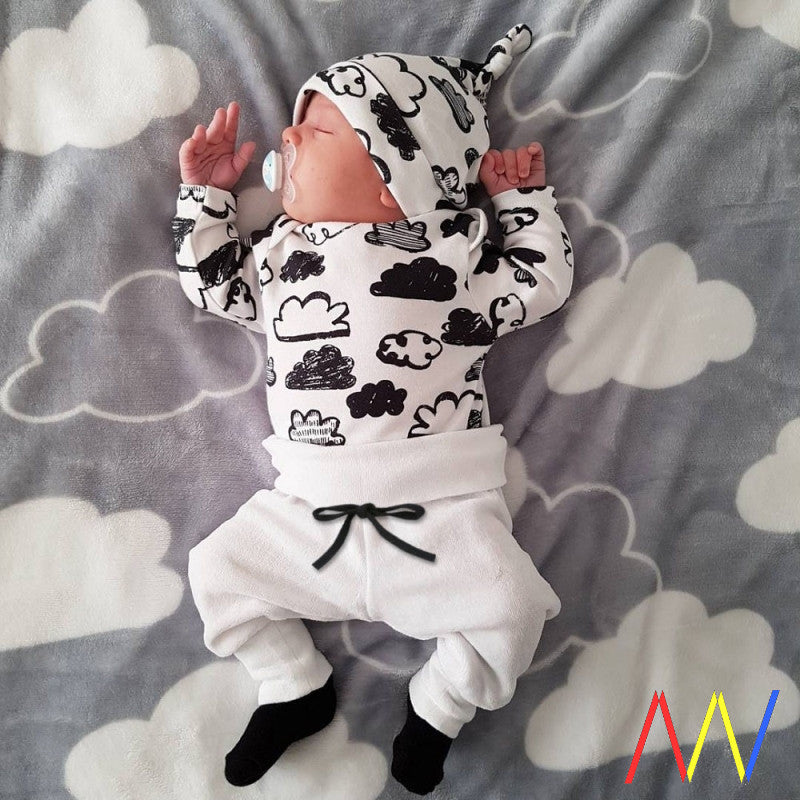 3 Pcs Baby Boy Baby Girl Clothes Set White Cloud Cotton Infant Toddler Clothes for Babies 3M, 6M, 12M, 18M, 24M, 2YO