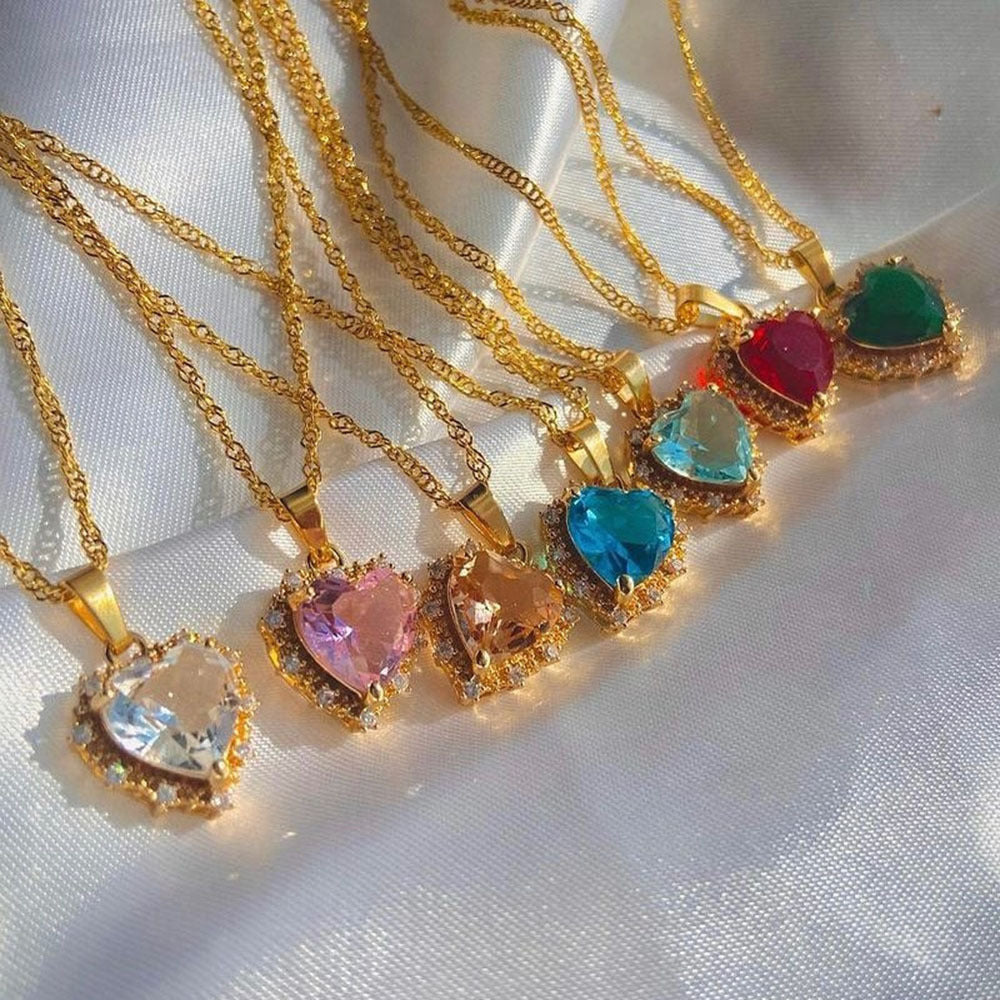 Colorful Rhinestones Heart-Shaped Necklace Valentine's Day Gift Love Gold Clavicle Chain Ins Personalized Jewelry