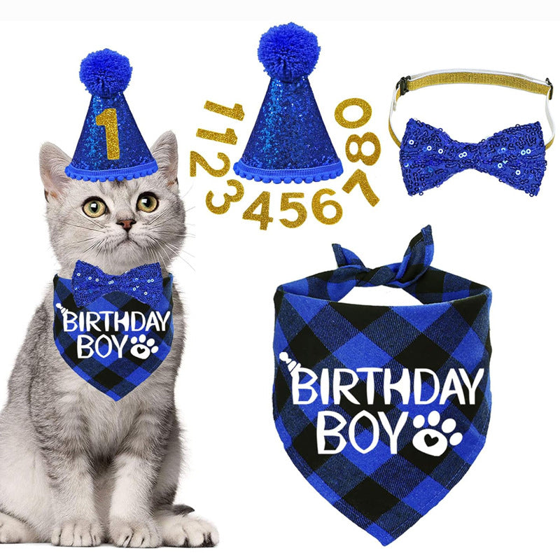 Pet Birthday Plaid Mouth Catty Scarf Glitter Hat Sequined Bow Tie Suit Number Birthday Arrangement