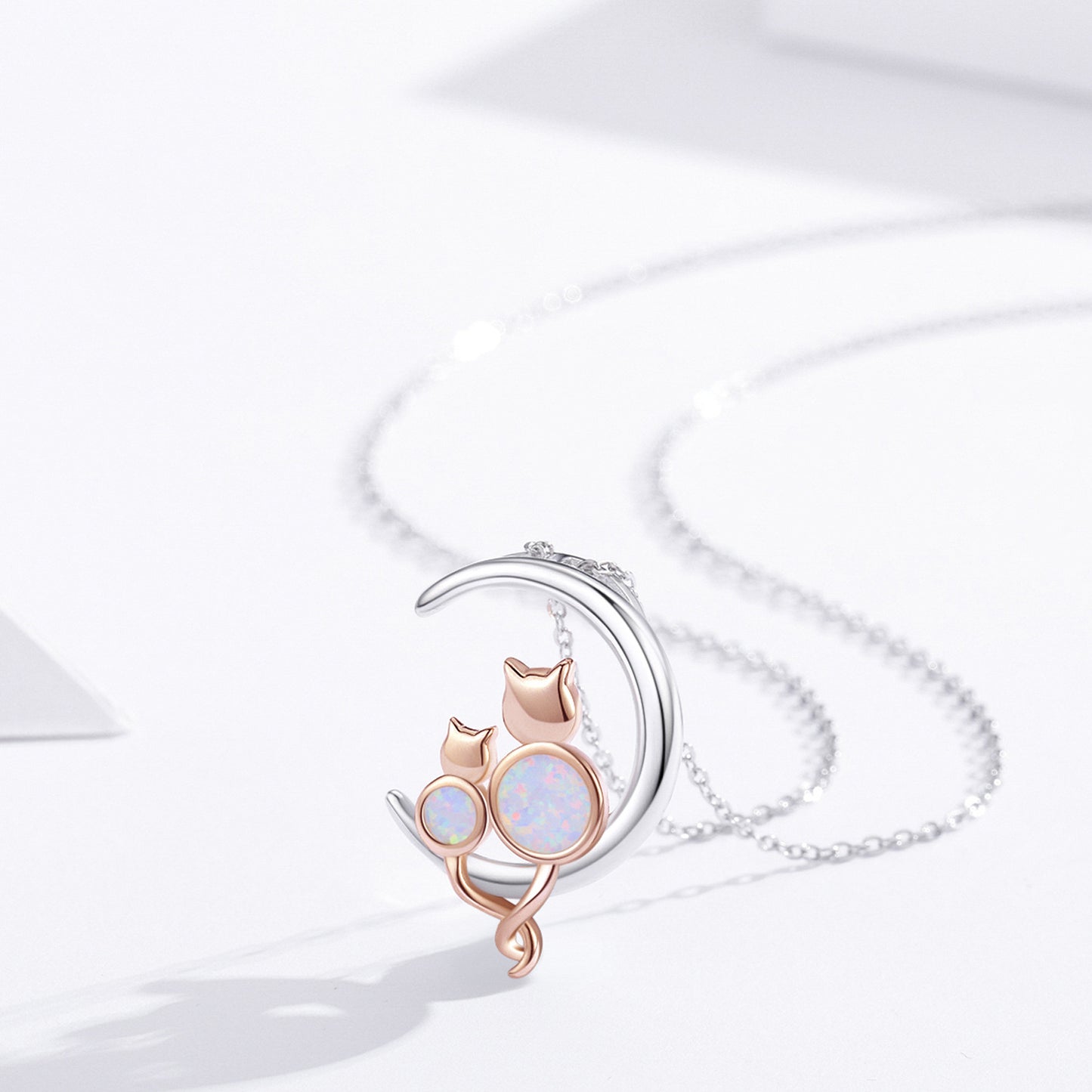 .925 Sterling Silver Women's Crescent Moon Opal Cat Pendant Necklace Gift Women’s Necklace Jewelry
