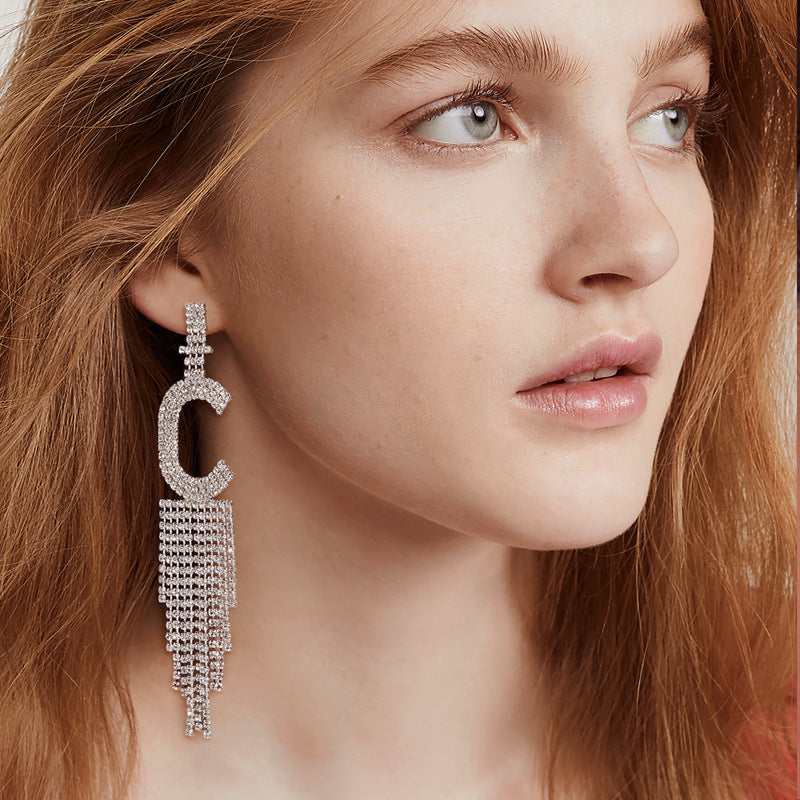 .925 Sterling Silver Rhinestone Letter Earrings Gift Banquet Tassel Needle Ear Ornaments Fashion Jewelry S925 Sterling Silver