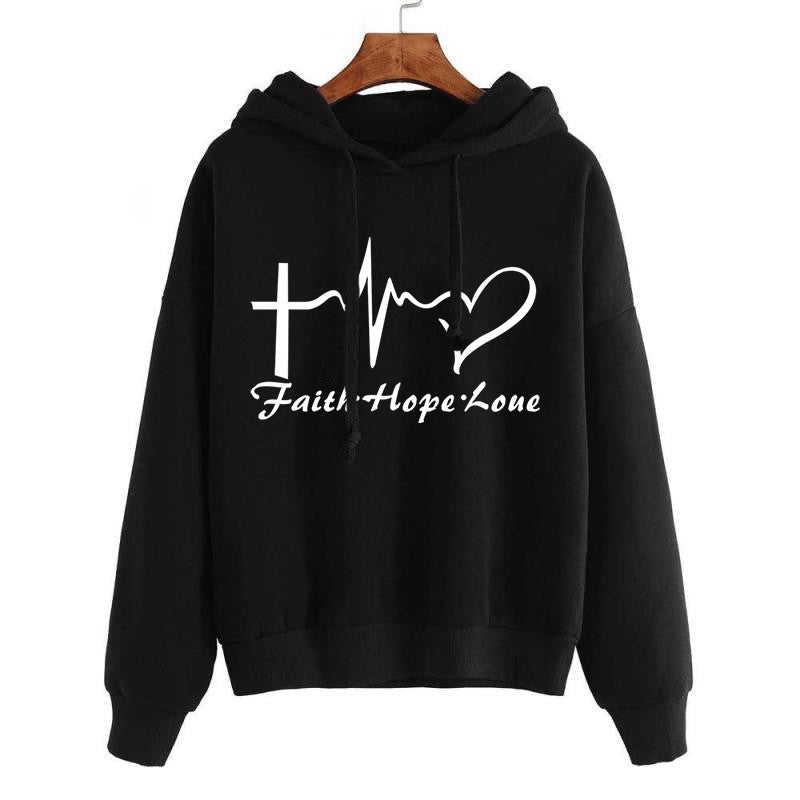 Heart Print Hoodie Sweatshirt Pullover Tops Women Long Sleeve Sports Clothes Christmas Gift Christian Gifts Religious Gifts Faith Hope Love