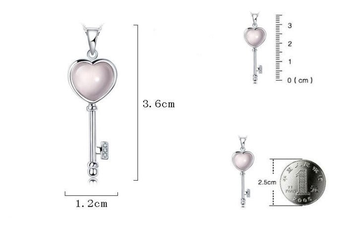 .925 Sterling Silver Love Heart Key Opal Gem Stone Pendant Necklace Gift Jewelry Gift for Women Girls S925