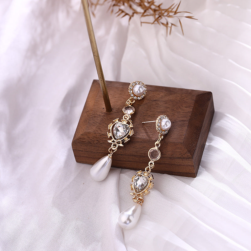 Pearl Heart-Shaped Earrings Valentines's Day Gift Rhinestone Long Earrings