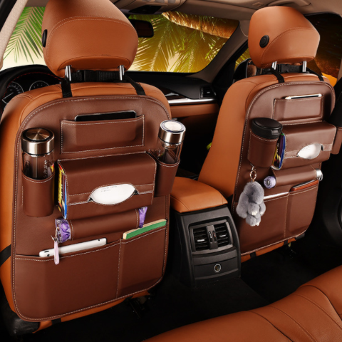 Leather Seat Bag Organizer Tray for Car Seat Foldable Table for Travel Car Trash Can Storage Box Car Supplies Auto Accessories for Cars Multi-Purpose