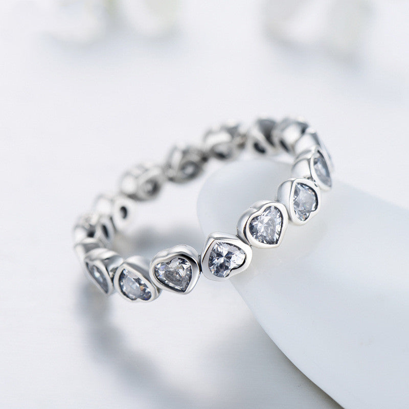 Sterling Silver Full Diamond Heart-Shaped Ring Gift Jewelry