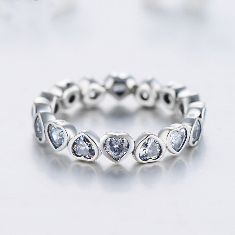 Sterling Silver Full Diamond Heart-Shaped Ring Gift Jewelry