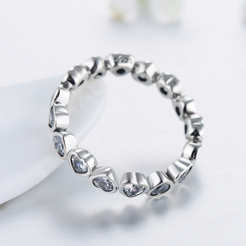 Sterling Silver Full Diamond Heart-Shaped Ring Gift Jewelry