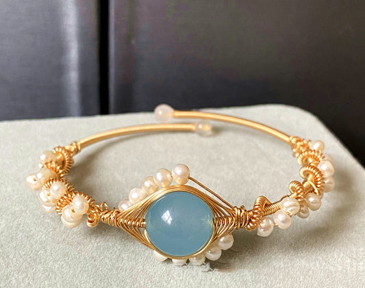 Women’s 14K Gold Wrapped Handmade Bracelet Hailan Baohai Sapphire Natural White Pearl Bracelet Gift Jewelry