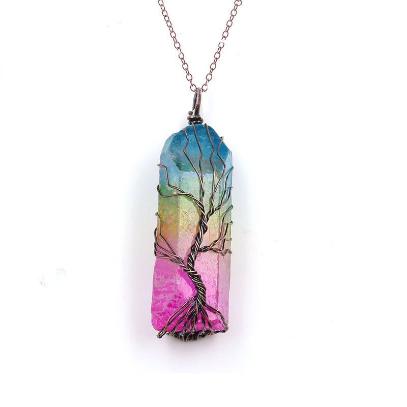 Dyed Natural White Crystal Column Tree Of Life Pendant Necklace Women's Necklace Men's Necklace