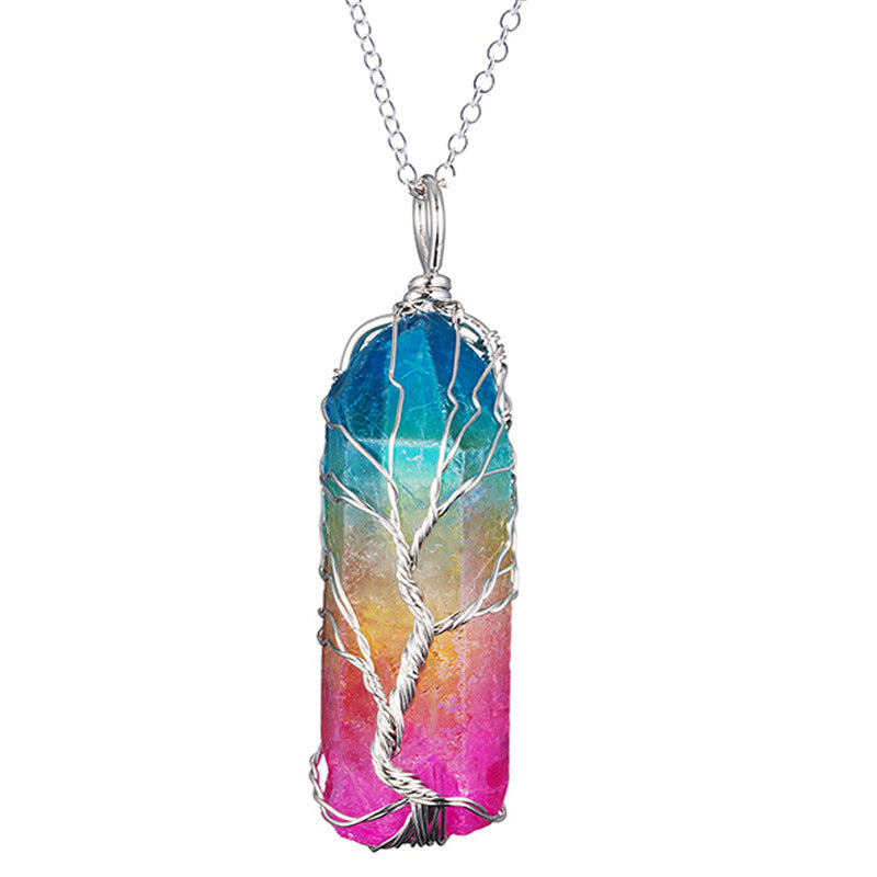 Dyed Natural White Crystal Column Tree Of Life Pendant Necklace Women's Necklace Men's Necklace