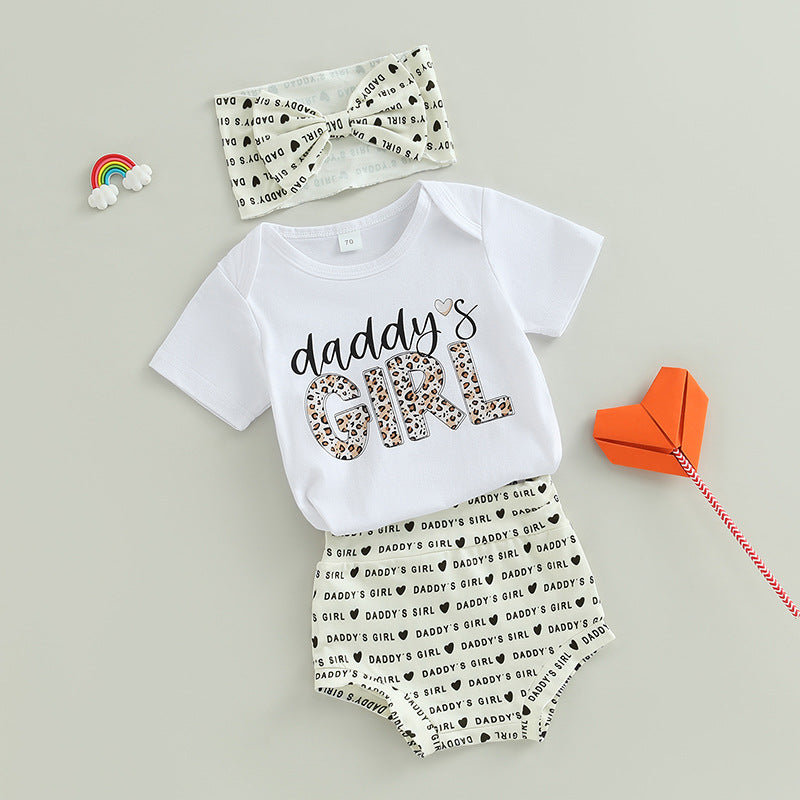 Summer Baby Girl Three-piece Set Short Sleeve Onesie with Shorts and Bow for Babies with Hair Accessories Adjustable Clothes Toddler Clothes for 3M, 6M, 12M, 18M