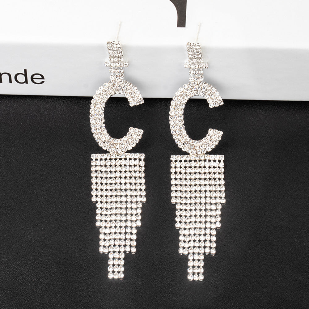 .925 Sterling Silver Rhinestone Letter Earrings Gift Banquet Tassel Needle Ear Ornaments Fashion Jewelry S925 Sterling Silver
