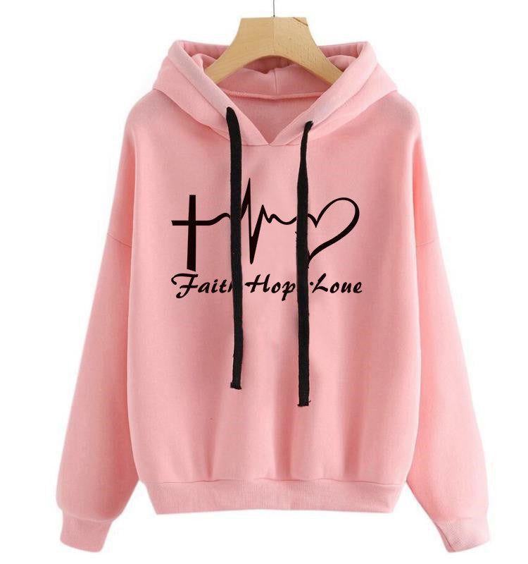 Heart Print Hoodie Sweatshirt Pullover Tops Women Long Sleeve Sports Clothes Christmas Gift Christian Gifts Religious Gifts Faith Hope Love