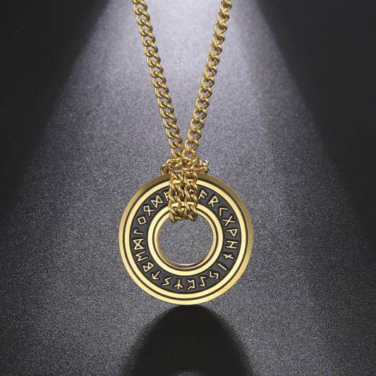 Vintage Viking Rune Circle Pendant Ornament Stainless Steel Necklace