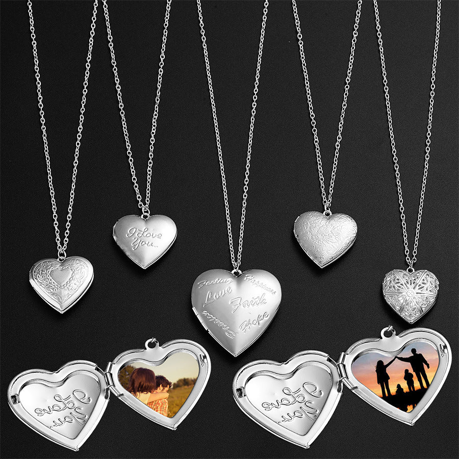 Carved Design Love Necklace Personalized Heart-Shaped Photo Frame Pendant Necklace Valentine's Day Gift Family Jewelry