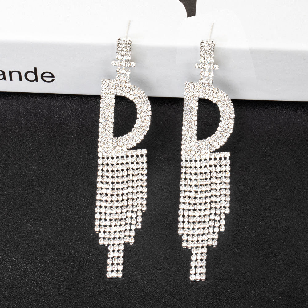 .925 Sterling Silver Rhinestone Letter Earrings Gift Banquet Tassel Needle Ear Ornaments Fashion Jewelry S925 Sterling Silver