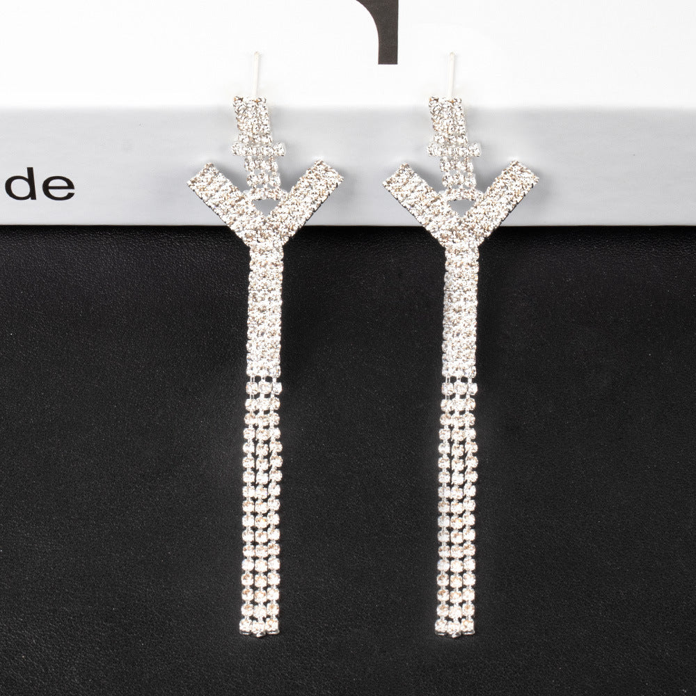 .925 Sterling Silver Rhinestone Letter Earrings Gift Banquet Tassel Needle Ear Ornaments Fashion Jewelry S925 Sterling Silver