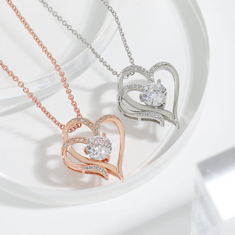 Women’s Zircon Double Love Necklace With Rhinestones Ins Personalized Heart-shaped Necklace Clavicle Chain Jewelry For Women