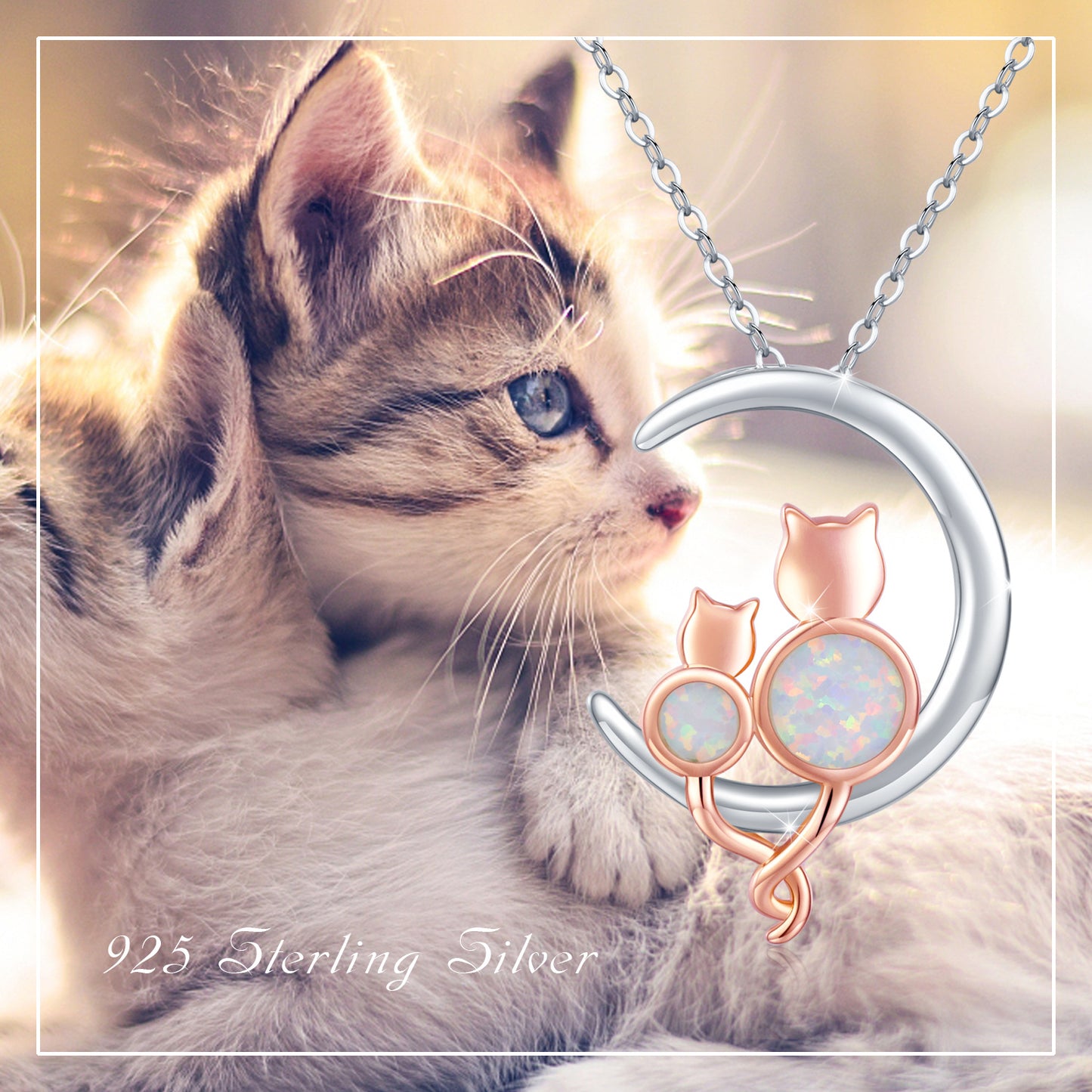 .925 Sterling Silver Women's Crescent Moon Opal Cat Pendant Necklace Gift Women’s Necklace Jewelry