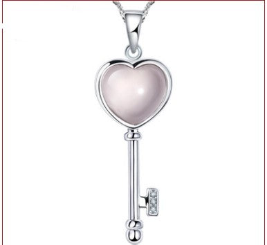 .925 Sterling Silver Love Heart Key Opal Gem Stone Pendant Necklace Gift Jewelry Gift for Women Girls S925