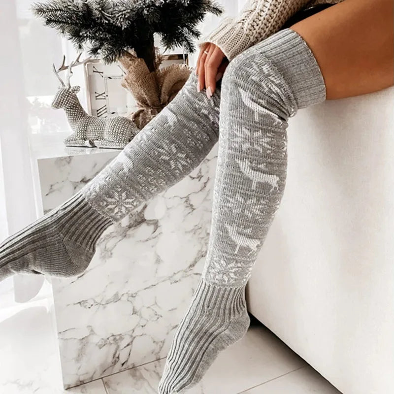 Winter Warm Knitted Women's Socks Women's Winter Stockings Beautiful Elk Snowflake Jacquard Over-the-Knee Casual Long Socks Gift