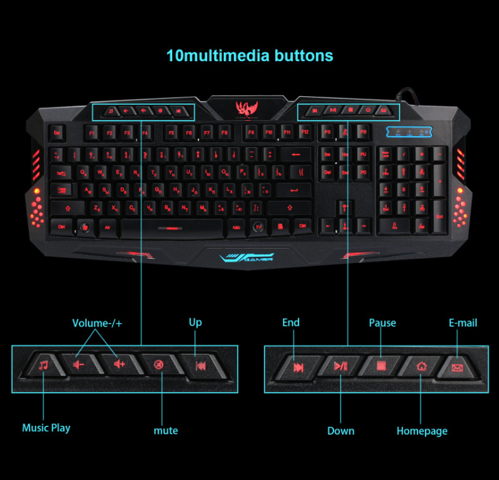 J10 Tricolor Backlight Gaming Keyboard Set Colorful Luminous Wired Gaming Mouse Keyboard Russian Keyboard