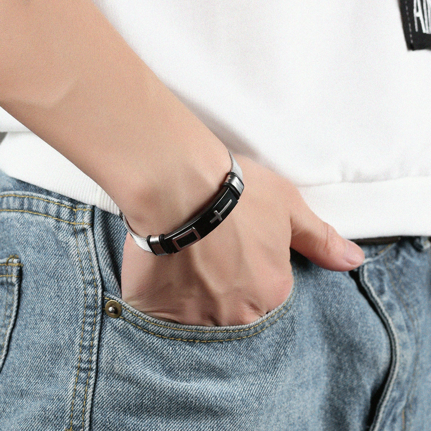 Men's Steel Mesh Bracelet Gold Cross Titanium Steel Personality Bracelet Wrist Jewelry Wristwear