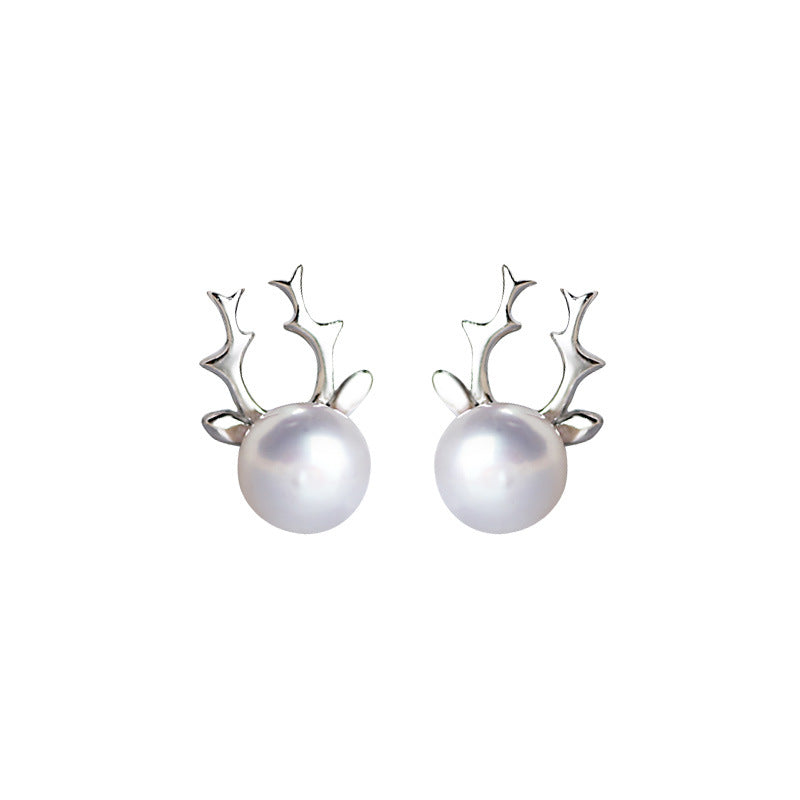 .925 Sterling Silver Pearl Earrings Reindeer Earrings Christmas Jewelry S925 Sterling Silver