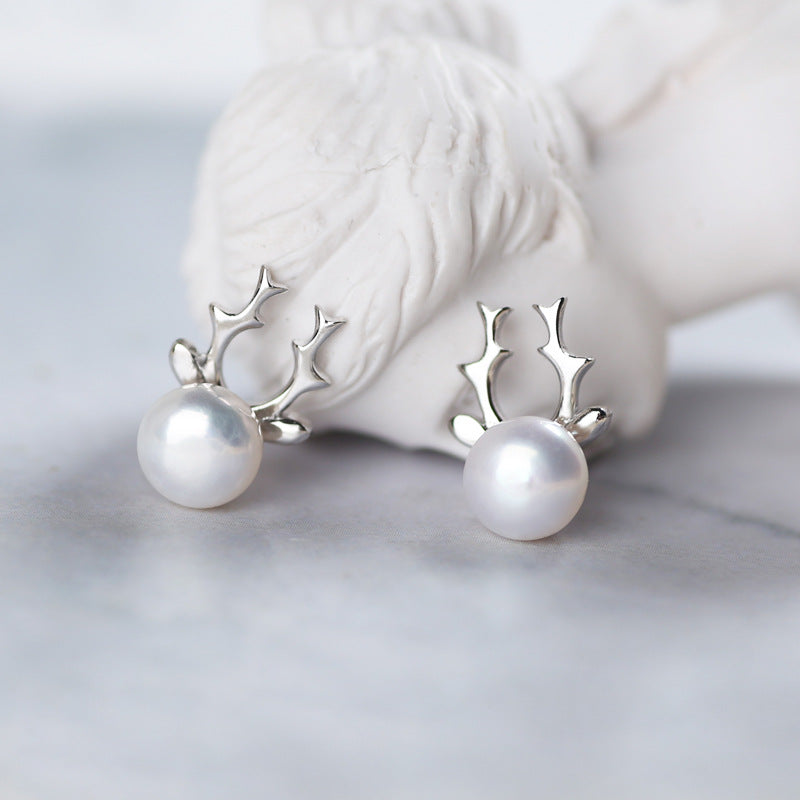.925 Sterling Silver Pearl Earrings Reindeer Earrings Christmas Jewelry S925 Sterling Silver