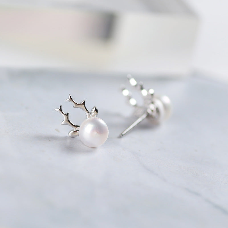 .925 Sterling Silver Pearl Earrings Reindeer Earrings Christmas Jewelry S925 Sterling Silver