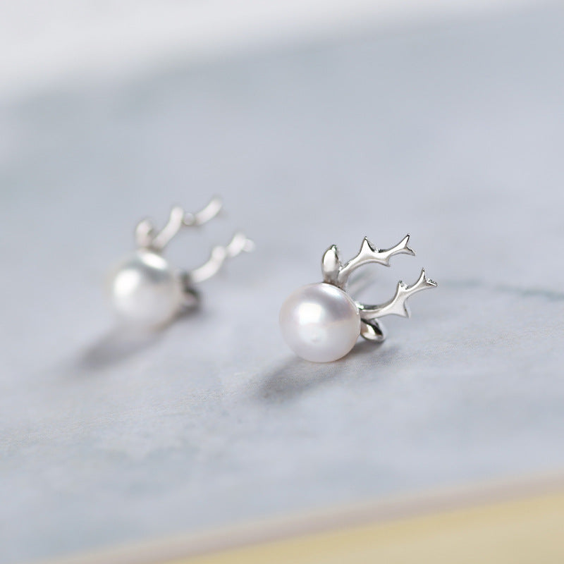 .925 Sterling Silver Pearl Earrings Reindeer Earrings Christmas Jewelry S925 Sterling Silver