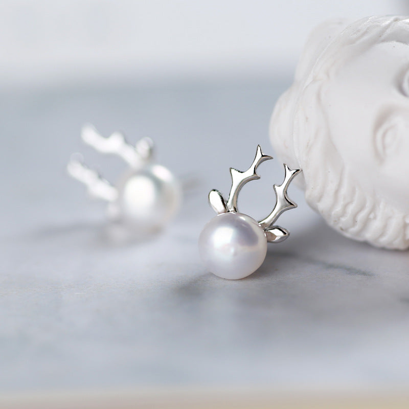 .925 Sterling Silver Pearl Earrings Reindeer Earrings Christmas Jewelry S925 Sterling Silver